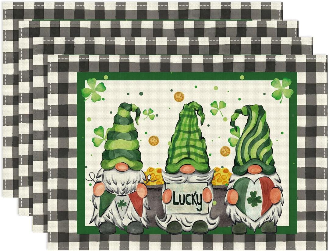 XCHI Plaid Gnomes Shamrocks Clovers Golds St. Patrick's Day Placemats Set of 4 Table Mats for Party Home Kitchen Dining Table Decorations 12x18 Inch