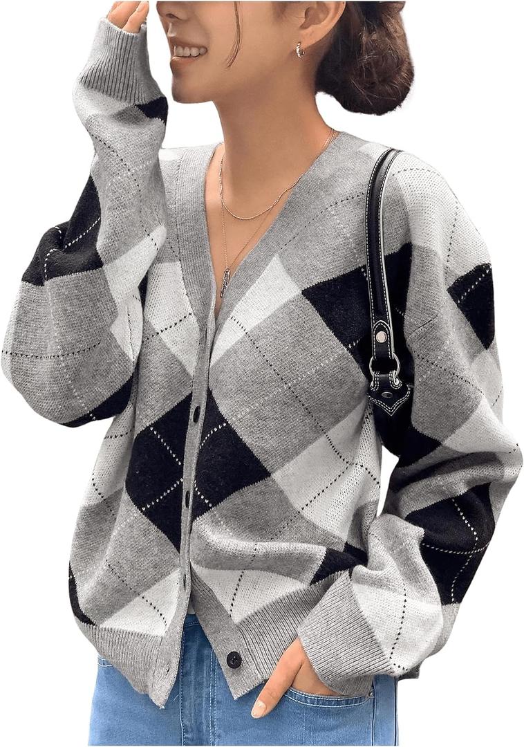SOLY HUX Women's Argyle Cardigan Sweater Plaid V Neck Button Down Long Sleeve Casual Cardigans, Small