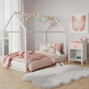 Little Seeds Skyler Montessori-Style House Floor Bed Frame for Kids and Toddlers, Metal Canopy Frame, No Box Spring Required, Twin, Off White
