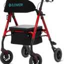 ELENKER All-Terrain Rollator Walker with 8 Non-Pneumatic Wheels, Sponge Padded Seat and Backrest, Fully Adjustment Frame for Seniors,Red
