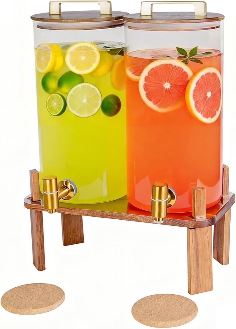 2 PACK 1.5 Gallon Glass Beverage Dispenser with Wooden Lid, Drink Dispenser with Wooden Stand, Lemonade Dispenser with Stainless Steel Leak-Proof Spigot for Parties, Weddings