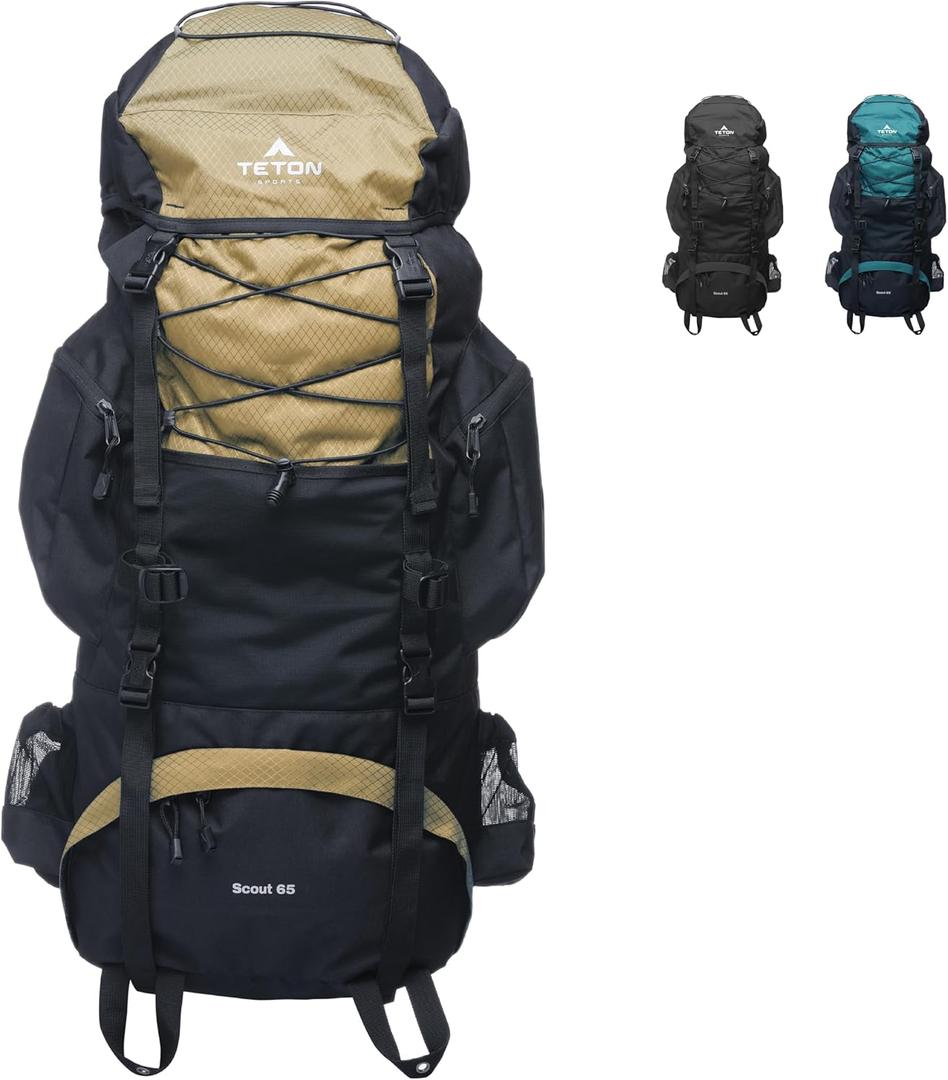 TETON 65L Scout Internal Frame Backpack for Hiking, Camping, Backpacking, Rain Cover Included (Buck Brown)