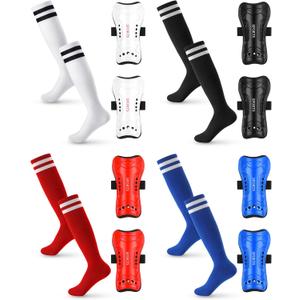 Toulite 4 Sets Soccer Shin Guards and Socks for Youth Kids, Soccer Shin Pads Long Socks for 7-15 Year Old Child, Gear Football Equipment for Boys Girls Toddlers Teenagers (White Black Red Blue)