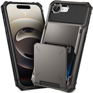 TOPAUX for iPhone 17e 16e Wallet Case Hold 1 to 5 Credit Card Holder Flip Cover ID Slot Back Pocket Compartment Dual Layer Shockproof TPU Bumper Anti-Scratch Protective Hard Shell Gunmetal