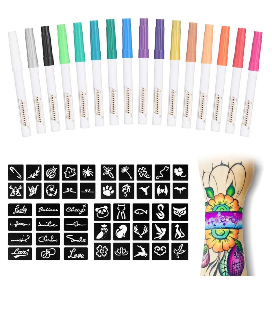 Temporary Tattoo Metallic Markers for Skin,16-Count Body Markers+77 Large Tattoo Stencils of Assorted Colors for kids and Adults, Flexible Brush Tip, Bright colors, Skin-Safe. Cosmetic-Grade