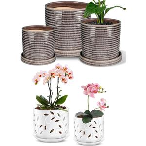 EFISPSS Ceramic Plant Pots, 6+8+10 Inch Ceramic Pot for Plants, Indoor Flower Pots with Drainage Hole and Saucer, Set of 3 - Brow