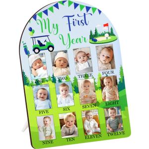 Golf Themed My First Year Photo Frame, Baby's First Year Picture Frame, 12 x 17 Inch Newborn 12 Months Gender Neutral Baby Milestone Memories Display Wood Board for 1st Birthday Decorations Keepsake Gift (green and blue)