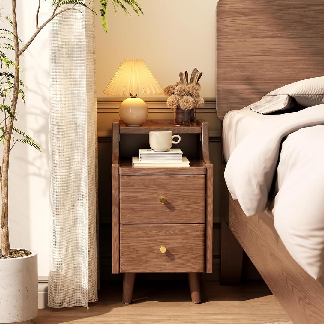 Narrow Nightstand with 2 Drawers,Walnut Nightstand,Bedside Table,Solid Wood Modern Bedside Table for Bedroom,Study,Toilet, 15.75"D x 11.81"W x 22.32"H