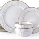 GBHOME Ceramic Dinnerware Sets, 24 pcs Embossed Elegant Stoneware Plates and Bowls Sets, Housewarming Wedding Gift | Dishwasher & Microwave Safe | Dishes Set Service for 8 (Pearl White-Bubble)