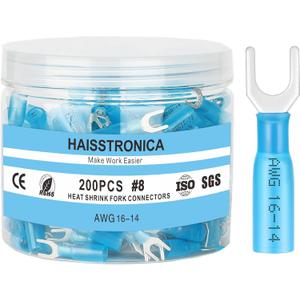 haisstronica 200PCS Heat Shrink Fork Terminals, 16-14 AWG, #8, Blue | Screw Access Without Full Removal, 3:1 Adhesive-Lined Seal, Fuse Block and Amplifier Wiring, Brazed-Seam Crimp Barrels