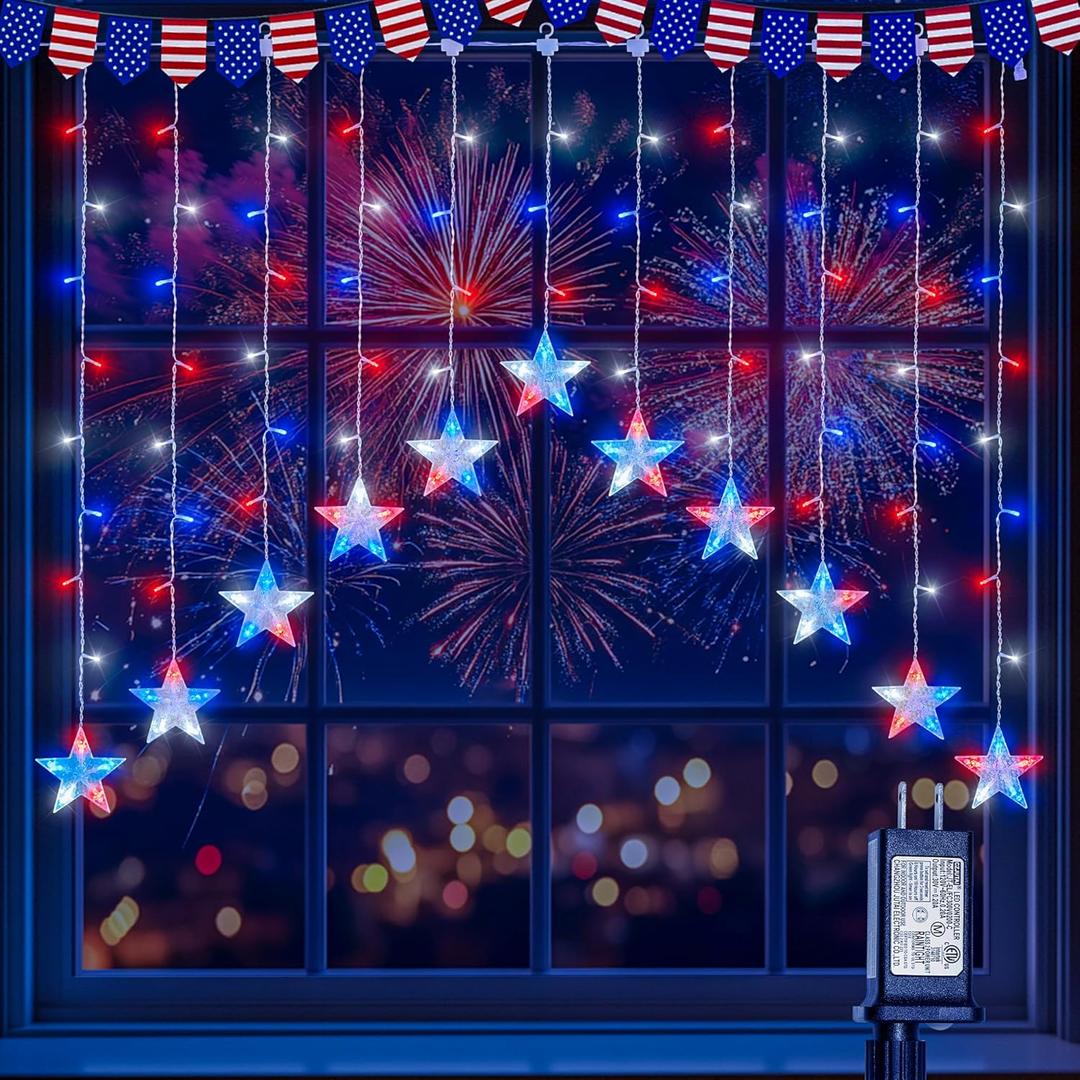 woohaha 4th of July Patriotic Star Icicle Lights, 118LED Red White and Blue Curtain Window Lights, 14.8FT Connectable Star String Light Plug in for Independence Day, Garden, Fourth of July Decorations