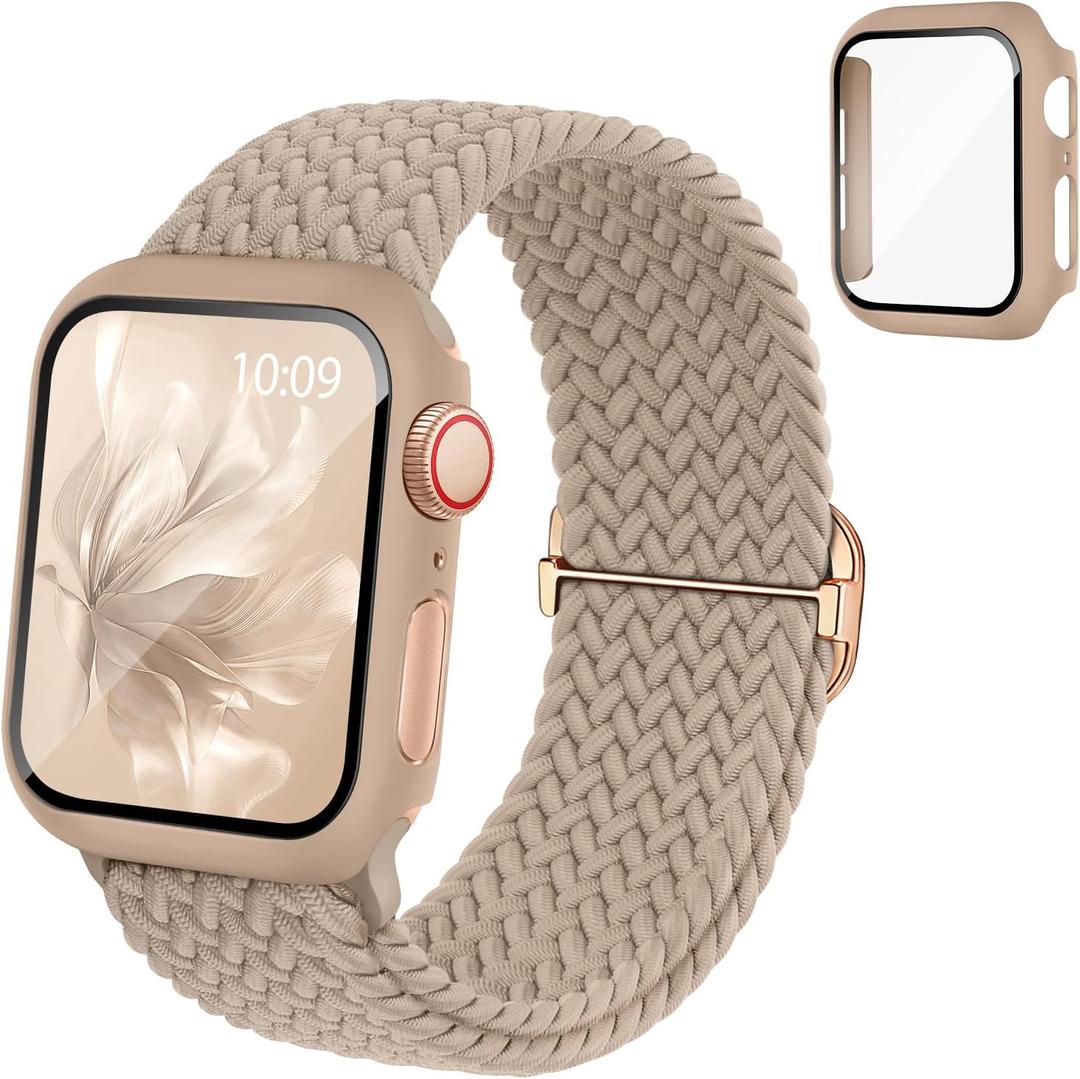 Braided Stretchy Band Compatible for Apple Watch Band and Case 40mm 41mm 42mm 44mm 45mm 46mm, Nylon Elastic Solo Loop and Protective Cover with Screen Protector for iWatch Series 11 10 9 8 7 SE 6 5 4 (Milk Tea)