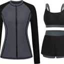 Gray and Black 3 Piece Rash Guard for Women - Long Sleeve Swimsuits with Shorts SPF Zip up Swim Shirt with Built in Bra, S