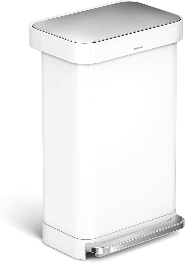 simplehuman Kitchen Trash Can with Lid, Touchless Waste Bin, Large 45 Liter, Rectangular, White Stainless Steel