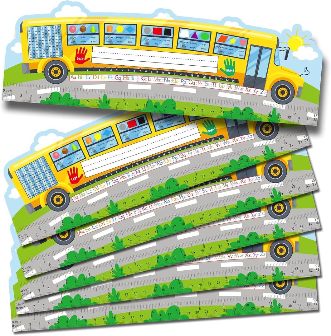 Henoyso 36 Pcs School Bus Name Tags Plate for Classroom with Alphabet, Number Line, Ruler, Graphics, Color and More, Back to School Gift for Kindergarten, Preschool, 1st, 2nd & 3rd Grade