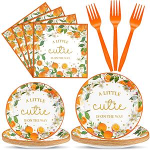 Sunnyray 96 Pieces Baby Shower Plates and Napkins Party Decorations Supplies Baby Shower Party Dessert Plates Napkins Forks for 24 Guests(A Little Cutie is on the Way)