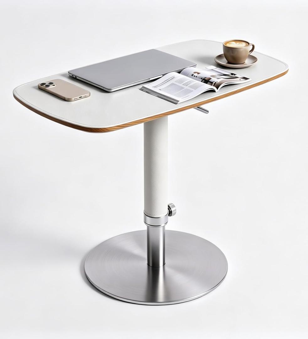 TV Trays for Eating on Couch, Adjustable Height Swivel TV Tray with Saddle Faux Leather Top, Heavy Duty Snack Table for Sofa Bed Recliner, C Shaped Side Table for Laptop Dinner Small Spaces (Light Grey)