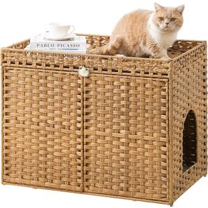 Cat Litter Box Enclosure Furniture, Handwoven Rattan Hidden Litter Box with Mat, Large Space Cat House with 2 S-Shaped Hooks 30.3 x 18.3 x 24.4 Inches, Indoor for Living Room Apartment Natural