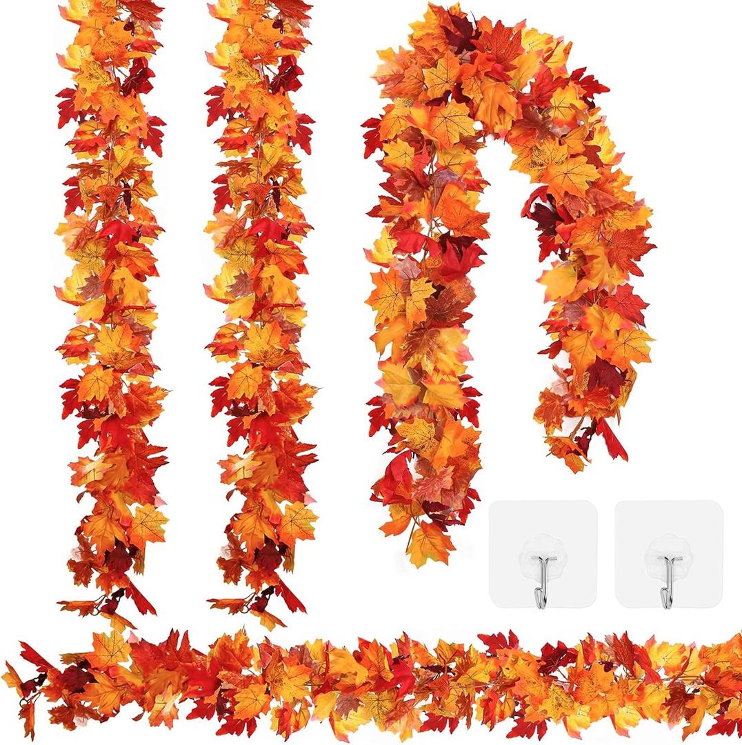 Aneco 4 Pack Artificial Autumn Maple Leaves Garland 5.8 Feet Fall Leaf Foliage Garland Decorations Colorful Autumn Decor Fall Mantel Decor with 8 Adhesive Hooks for Thanksgiving Fall Wedding Party (Dark Orange+dark Red+red)