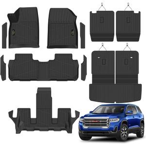 Floor Mats Custom for GMC Acadia 6 Seats 2017-2023 TPE All Weather Cargo Liner with Backrest Mat, 2nd Row Seat Back Protector & Door Sill Guards for Acadia Accessories, Black