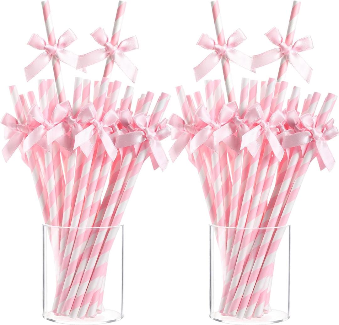 Potchen 200 Pcs Valentine's Day Bow Paper Straws Bulk Pink and White Disposable Striped Straws for Drinking, Valentines Theme Party Supplies for Birthday Wedding Cake Bachelorette Baby Shower Decor