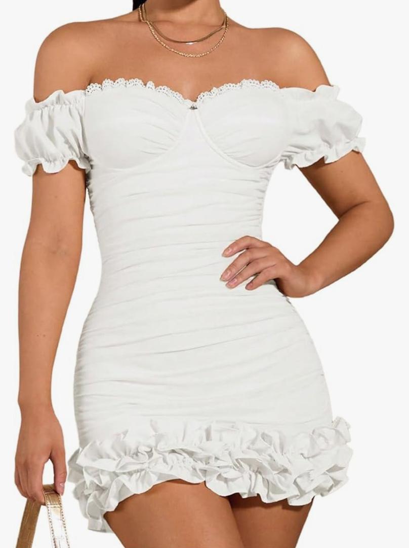 WDIRARA Women's Off Shoulder Puff Sleeve Ruffle Bodycon Dress Cocktail Party Mini Dress S WDIRARA Women's Off Shoulder Puff Sleeve Ruffle Bodycon Dress Cocktail Party Mini Dress S