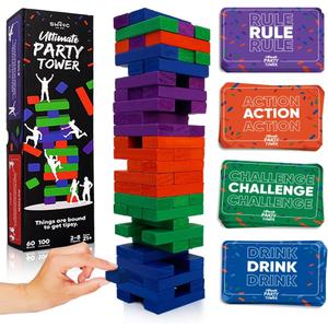 SWOOC Games - Ultimate Party Tower - 100 Original Commands, 60 Blocks, & 1000s of Hilarious Rule Combinations - A Tipsy Spin on Fun Classic Games for Power Hour - Ages 21+ - Wooden Tower Blocks Game