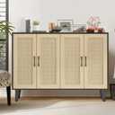 Panana Buffet Storage Cabinet with Rattan Decorating 4 Doors Living Room Kitchen Sideboard 48.43 x 34.65 x 15 inch (Black)