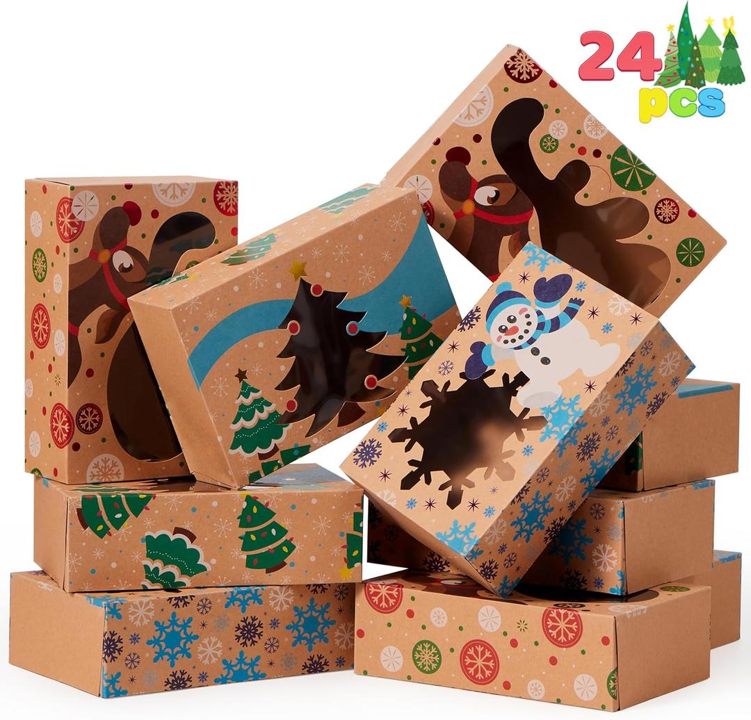 JOYIN 24PCS Christmas Cookie Boxes for Gift Giving, 8.5" x 5.75" x 2.75" Xmas Holiday Treat Cookie Tin with Window, 3 Designs Brown Foiled Kraft Bakery Boxes for Pastries, Cupcakes, Brownies, Doughnut