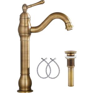 GGStudy 360 Swivel Antique Brass Bathroom Vessel Sink Faucet Single Handle One Hole Matching with Pop Up Drain