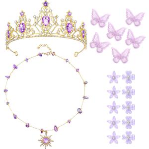 Preboun Princess Costume Accessories for Women Purple Crystal Tiara Sun Necklace Hairpin for Halloween Cosplay Birthday Party