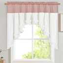 Likiyol Linen Valances for Windows Farmhouse Ruffle Swag Valance Rustic Country Window Valances Light Filtering Kitchen Curtains Rod Pocket Valance Curtains for Bathroom Cafe, Pink White, 60"W x 36"L