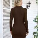 VICHYIE Women Lapel Neck Ribbed Bodycon Tight Fall Dress Long Sleeve Mid Thigh Pencil Above Knee Dresses (Brown, M)