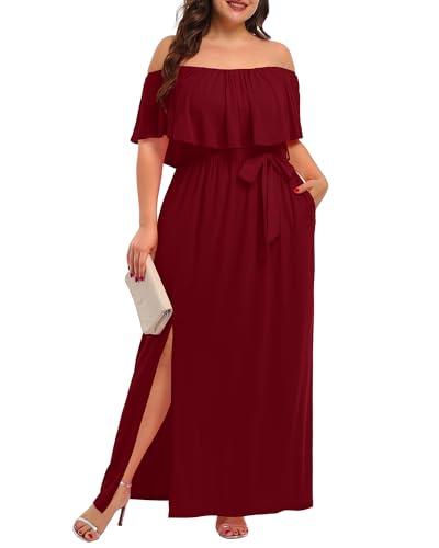 Plus Size Off Shoulder Long Burgundy Maxi Slit Beach Casual Summer Formal Wedding Guest Ruffle Dress with Pockets Women 20W