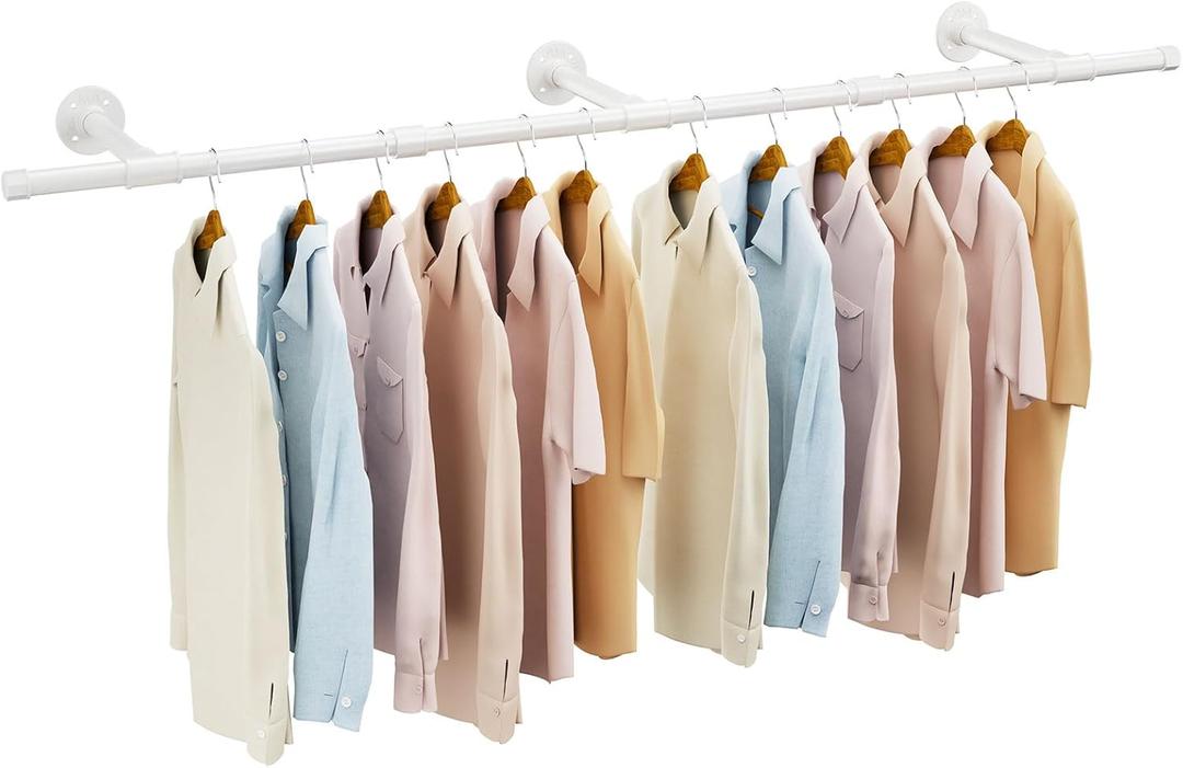 IBUYKE Industrial Pipe Clothes Rack, 61.4 Inch Wall Mounted Clothing Rack, Space-Saving Hanging Closet Rod, Heavy Duty Multi-Purpose Garment Rack for Closet and Laundry Room, White TYJ007W