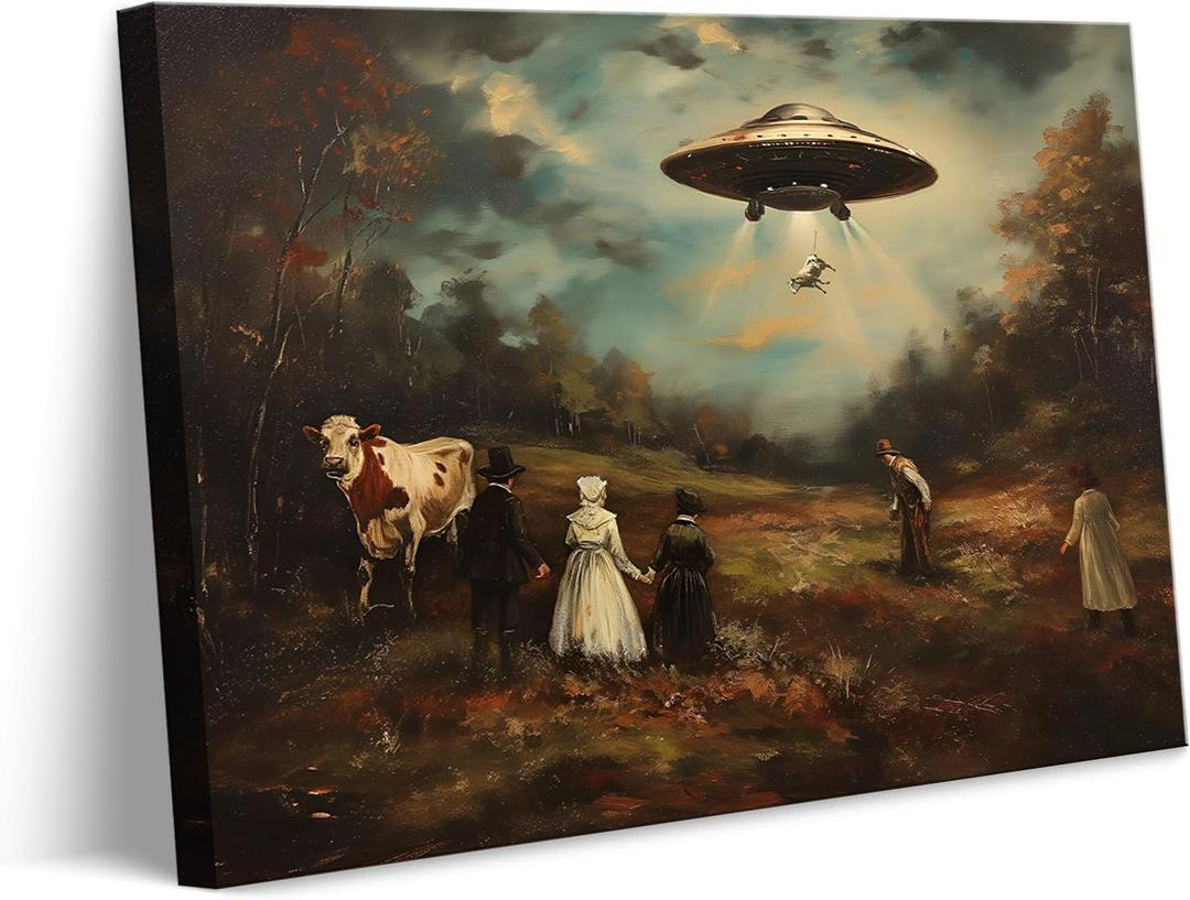 Retro UFO Canvas Wall Art Whimsical Alien Abduction Wall Decor Pictures Victorian Landscape Funny Altered Poster Prints Eclectic Trippy Spaceship Artwork for Living Room Bedroom Decoration 12x16in