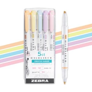 Zebra Pen Mildliner Dual-Tip Highlighter Set, Broad and Fine Point Tips, No Bleed, Ideal for Bible Highlighting, Giftable Art Supplies and Teacher Gifts, Assorted Gentle Ink Colors, 5-Pack (78705)