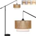 UpgradedDimmable Boho Floor Lamp for Living Room, Modern Swing Arm Floor Lamp with Rattan & Fabric Shades, Black Rattan Standing Lamp with 11W Bulb, Farmhouse Adjustable Tall Lamp for Bedroom Office (Bohemian-Matte Black)