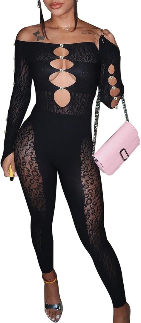 Womens Sexy Off Shoulder Leopard Mesh Jumpsuit Rhinestone Cutout One Piece Lace Bodysuit Nightclub Party Outfits (Black, M)