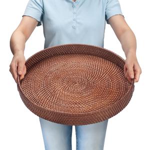 16.9 inch Round Rattan Tray, Woven Large Serving Tray with Handles, Wicker Serving Basket, Coffee Table Decor for Living Room, Reddish-Brown