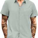 HUNGSON Men's Button Down Shirts Short Sleeve Casual Shirts Summer Beach with Pocket (Large, Army Green2025)