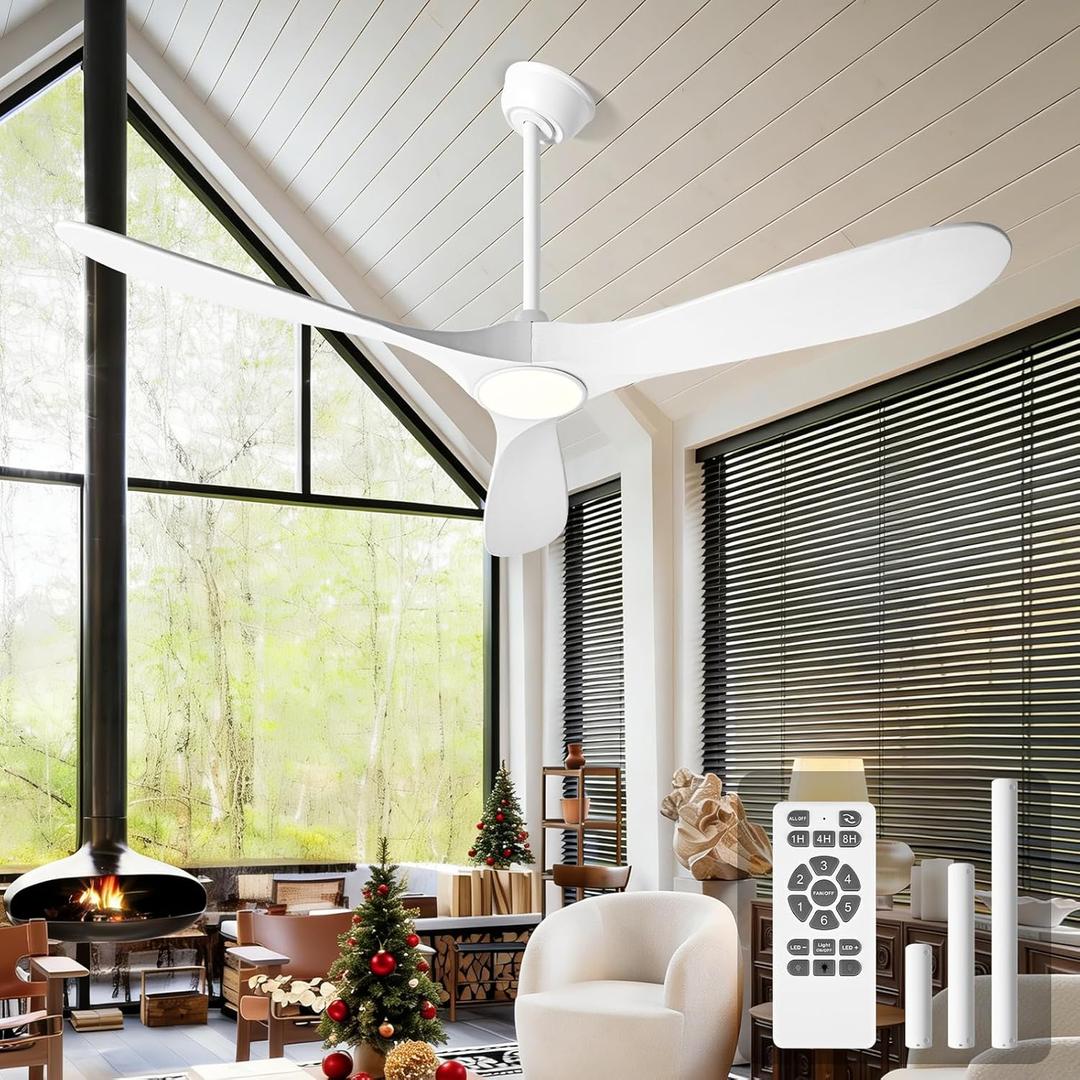 72 Inch Ceiling Fans with Lights and Remote, Wood Outdoor Ceiling Fan with 6 Speed Noiseless DC Motor, Indoor Modern 3 Blade Propeller Ceiling Fan for Bedroom Living Room Gazebo Patio (White)