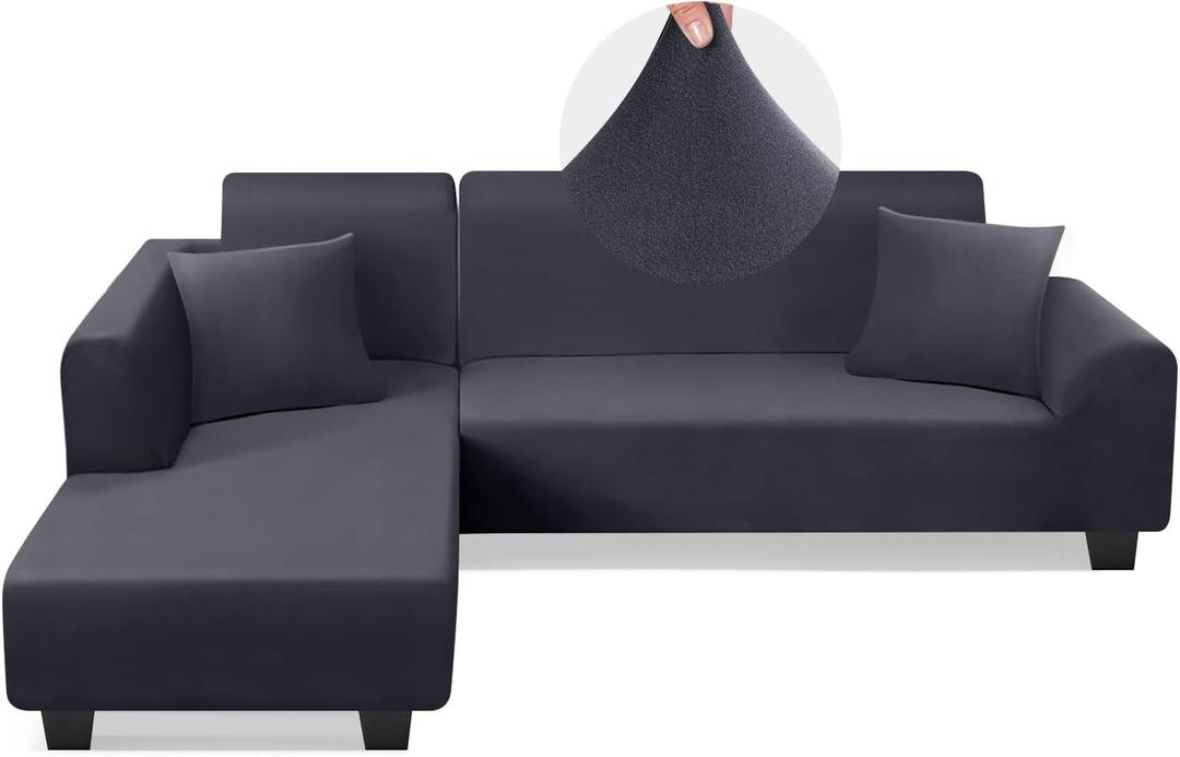 KinCam Sectional Couch Covers L Shape Sofa Covers Super Stretch 2pcs Sofa Slipcovers for 3 + 3 Seaters Sectional Chaise Slipcover with 2pcs Pillow Covers for Pets Kids, Dark Grey