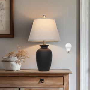 22" Black Ceramic Farmhouse Table Lamp with Ginger Jar Design - for Living Room,Dining Room,Bedroom,Office,Nightstand,End Table