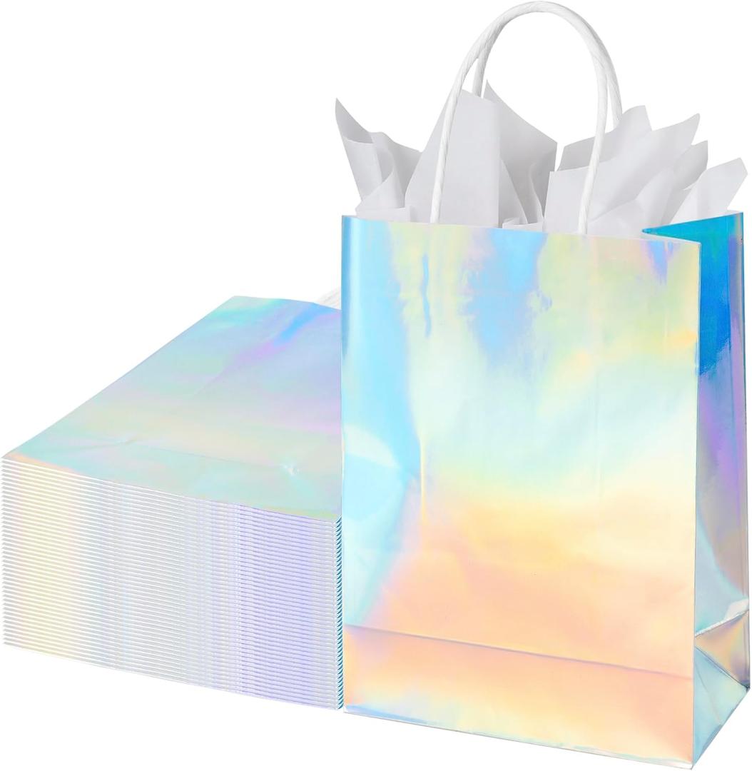 Ronvir 30 Pcs Medium Iridescent Glossy Gift Bags with Handles Bulk,8x4x10 inch Non Woven Holographic Reusable Party Favor Bags for Birthday, Christmas, Goodie,Wedding, Holiday,Employee Appreciation