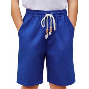 Arshiner Boys Cotton Linen Shorts Summer Beach Shorts Elastic Waist Drawstring Short with Pockets Size 6-18 (Blue)