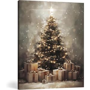 FGFK Vintage Christmas Tree Wall Art Decor Framed, Christmas Home Decor, Holiday Winter Xmas Tree with Presents Canvas Prints Poster Wall Decorations for Home Bedroom Party, 8x10 Inch (Color-05)