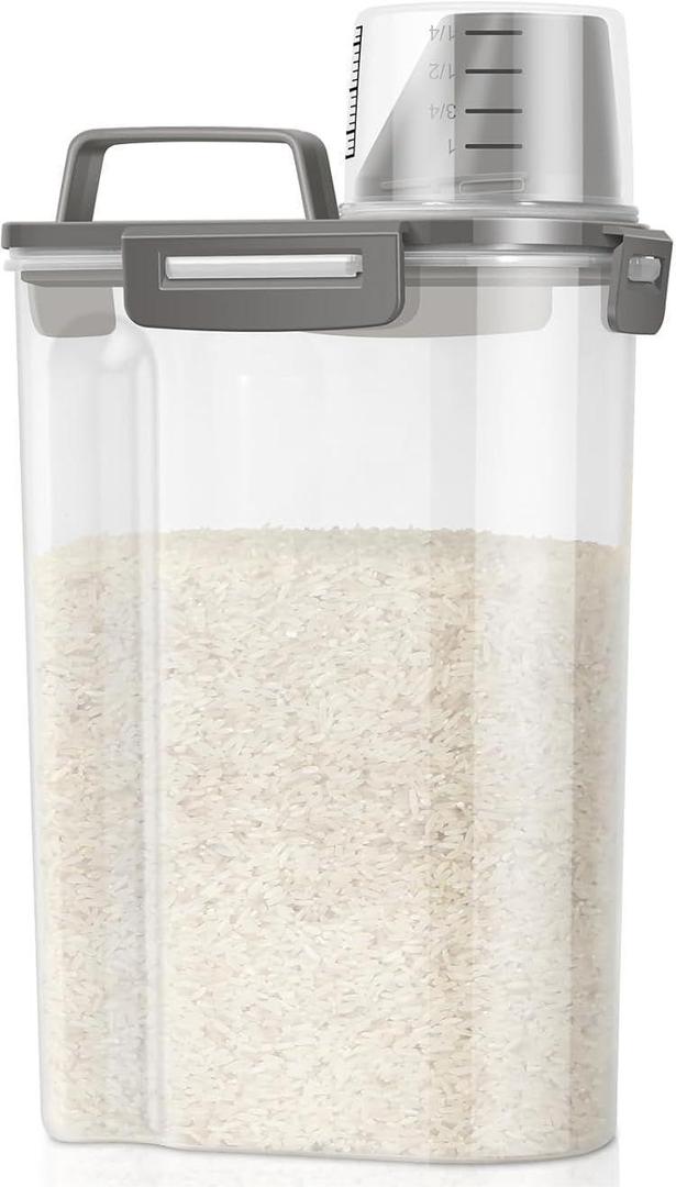 TBMax Rice Container Cereal Storage Container 2 Pack 5 Lbs, Kitchen Pantry Dry Food Storage Holder with Easy-Pouring Spout & Handy Cup, Small Pet Dog Cat Food Dispenser for Daily Feeding -Grey (Grey 3+3Qt)