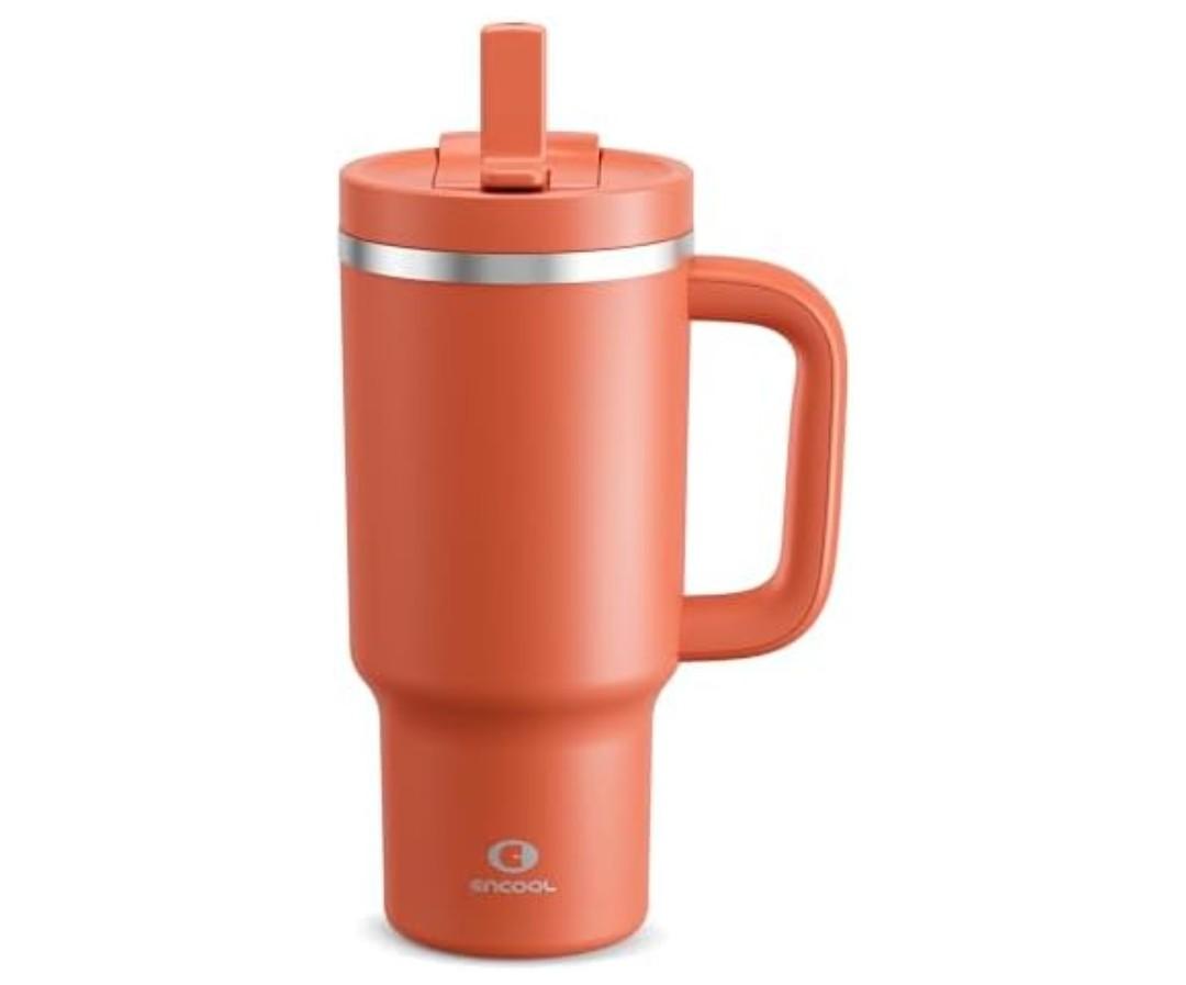 ENCOOL 32 oz Tumbler with Handle and Straw: Stainless Steel Insulated Tumbler Keeps Cold for 24 Hours, Leakproof Travel Cup Fits in Cup Holder and BPA-Free,Tawny Orange