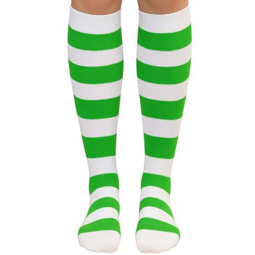 PolyMedea Elite Quality Colorful Soft Cotton Women's Striped Knee High Socks (white/Bright Green)